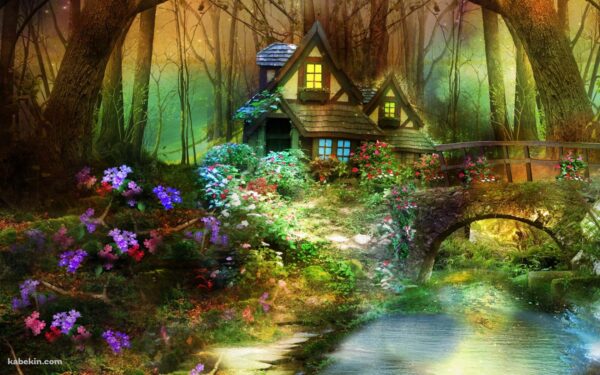 1072883339 3d nature phantasmagoria fantasy flowers forest trees flowers house bridge 2500x1800 o2QB 1680x1050 MM 100